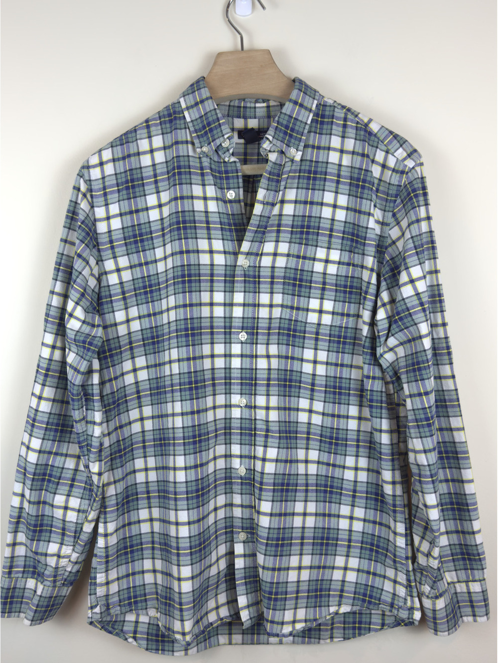 Gap Slim Fit Plaid Button Down Shirt Blue Green Yellow Men’s L 100% Cotton